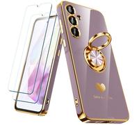Nonional Coque pour Samsung Galaxy A35 5G avec 2 Films protecteurs d'écran, Anneau Rotatif à 360°, Motif cœurs de Luxe, Bords dorés - Coque Fine et Souple pour Samsung Galaxy A35 5G - Violet Clair
