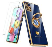 Nonional Coque pour Samsung Galaxy A51 4G avec 2 Films protecteurs d'écran, Anneau Rotatif à 360°, Motif cœurs de Luxe, Bords dorés - Coque Fine et Souple pour Samsung Galaxy A51 4G - Bleu