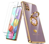 Nonional Coque pour Samsung Galaxy A51 4G avec 2 Films protecteurs d'écran, Anneau Rotatif à 360°, Motif cœurs de Luxe, Bords dorés - Coque Fine et Souple pour Samsung Galaxy A51 4G - Violet Clair