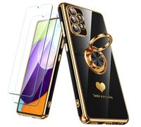 Nonional Coque pour Samsung Galaxy A52 5G/4G avec 2 Films protecteurs d'écran, Anneau Rotatif à 360°, Motif cœurs de Luxe, Bords dorés - Coque Fine et Souple pour Samsung Galaxy A52 5G/4G - Noir