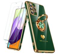 Nonional Coque pour Samsung Galaxy A52 5G/4G avec 2 Films protecteurs d'écran, Anneau Rotatif à 360°, Motif cœurs de Luxe, Bords dorés - Coque Fine et Souple pour Samsung Galaxy A52 5G/4G - Vert