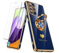 Nonional Coque pour Samsung Galaxy A52 5G/4G avec 2 Films protecteurs d'écran, Anneau Rotatif à 360°, Motif cœurs de Luxe, Bords dorés - Coque Fine et Souple pour Samsung Galaxy A52 5G/4G - Bleu