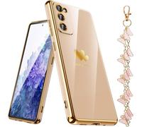 Nonional Coque pour Samsung Galaxy S20 FE 5G avec dragonne de téléphone [forme de papillon], coque de téléphone fine et souple de luxe double cœur plaqué avec bord doré pour Galaxy S20 FE - Rose