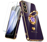 Nonional Coque pour Samsung Galaxy S23 FE 5G avec 2 Films protecteurs d'écran, Anneau Rotatif à 360°, Motif cœurs de Luxe, Coque Fine et Souple pour Samsung Galaxy S23 FE 5G - Violet