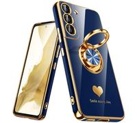 Nonional Étui Fin et Souple pour Samsung Galaxy S22 5G, Anneau Rotatif à 360°, Motif cœurs de Luxe, Bord doré, Bleu