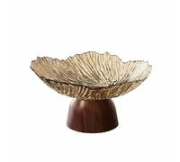 NonMiFyR Plateau Industriel Coupe sur Piédestal Moderne Bol Décoratif Multifonction PET Robuste Base Imitation Bois Adapté pour Rangement Présentation Table, Or, Base Ronde