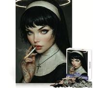 Nonne tatouée fumant avec auréole Puzzle 1000 pièces pour Adultes Pure Logic Toy Peaceful Time Sharp Cut Cadeau touchant 50x75cm