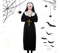 Nonnen Halloween Kostüm Für Frauen,Kreuz Accroche Halskette Kopfschmuck Kleidung,Nonnen Outfit Kleiderset | Für Frauen Erwachsene Halloween Party Kirche Weihnachten Religious Party Photo Requisite