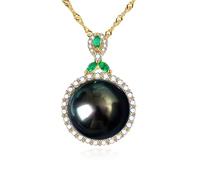 Nonnyl Cadeau pour femme - Collier de perles noires de Tahiti pour femme, pendentif en perles des mers du Sud 12-13 mm, plaqué argent sterling 18 carats avec urquoise, Noël, fête des mères