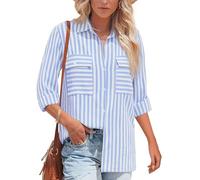 NONSAR Chemisier à manches longues pour femme - Rayé - Décontracté - En coton - Tunique à manches longues - Chemisier en lin, XL