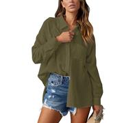 NONSAR Chemisier/tunique/haut pour femme, élégant, tendance, décontracté, col en V, manches longues, avec poche, Vert armée., XL