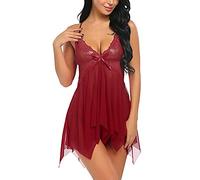 NOOFIE Lingerie en Dentelle Ouverte avec String Dos Nu col en V Dos Nu Chemise Voir à Travers Les sous-vêtements en Maille Robe de Nuit (vin Rouge XL)