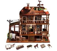 NookMaster Kit Book Nook avec lumière LED Maison de poupée miniature DIY | Kit de maison miniature de cowboy - Maison de poupée occidentale - Décoration d'étagère - Puzzle en bois 3D - Cadeau pour