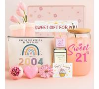 NOOMII Cadeaux pour femmes de 21 ans - Cadeau parfait pour 21e anniversaire pour elle - Coffret cadeau élégant avec tasse à coca, trousse de maquillage, carte de vœux, bougie, boule de sel de bain