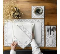Noor Haritage Lot de 24 sets de table brodés avec motif de volutes argentées, en lin blanc avec bordure décorative, ensemble élégant de linge de table de salle à manger, sets de table islamiques, Noor