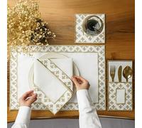 Noor Haritage Lot de 24 sets de table brodés en lin blanc avec bordure décorative, ensemble élégant de linge de table de salle à manger, sets de table islamiques, Noor Haritage pour 6 personnes