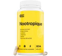 Nootropique Focus avec Caféine, Ginkgo Biloba, Tyrosine et Théanine 260mg | Formule pour Augmenter l' Énergie, La Concentration et la Vivacité Mentale, Bacopa Monnieri et Vitamines, 60 Gélules