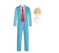 Noowye Costume de cosplay Animé Sousuke Shima - Bleu - Uniforme scolaire - Jaune - Perruque rouge - Cravate de Noël et d'Halloween - Uniforme pour la performance sur scène scolaire