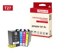 NOPAN-INK - x4 Cartouches compatibles pour EPSON T27 XL T27XL Noir + Cyan + Magenta + Jaune (Réveil) pour WorkForce WF-3620DWF WF-3620DWF Stickers WF-