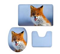 Nopersonality Ensemble de 3 tapis de bain avec motif renard mignon - Tapis de salle de bain, tapis de contour de toilette, housse d'abattant de WC - Lavable et antidérapant - Bleu