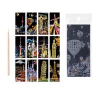 NOPKESV Lot de 12 feuilles de papier à gratter, dessin a gratter, vue de nuit, Arc-en-ciel, Pour loisirs créatifs, Monuments de ville célèbres, Kit d'outils