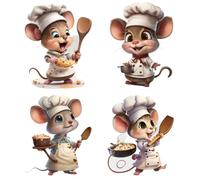 NOPVUFA Lot de 4 Stickers Muraux, Stickers Muraux Cuisine Mignons Maître De Cuisine Souris, Décoration Cuisine Petits Chefs Souris, Stickers Muraux Enfants Cuisine Salon Salle à Manger Déco Murale