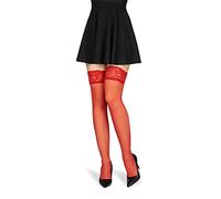 NOQ Bas autoportants pour femme Cuisse haute 15 deniers Style élégant Lingerie Femme Dentelle Bout invisible Transparent seconde peau Nicole, Rouge, M