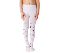 NOQ Collants fins pour enfant avec joli imprimé pour fille Motif 40 deniers Cérémonie de danse décontractée, Crazy Cat Bianco, 128/134 cm