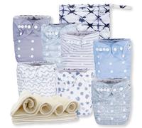 Nora's Nursery Lot de 7 couches en tissu avec 7 inserts et 1 sac humide - Housse imperméable, lavable, réutilisable et taille unique réglable pour nouveau-nés et tout-petits - Quelque chose de bleu
