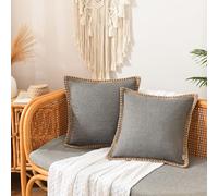NordECO HOME Lot de 2 Housses de Coussin à Franges en Lin Coussins Carré Rustique Décoratif pour Salon Canapé Chambre Voiture 40x40 cm,Gris
