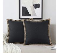 NordECO HOME Lot de 2 Housses de Coussin à Franges en Lin Coussins Carré Rustique Décoratif pour Salon Canapé Chambre Voiture 45x45 cm,Noir