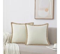 NordECO HOME Lot de 2 Housses de Coussin à Franges en Lin Coussins Carré Rustique Décoratif pour Salon Canapé Chambre Voiture 50x50 cm,Blanc