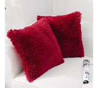 NordECO HOME - Lot de 2 housses de coussin carrées en fausse fourrure pour décoration de canapé, 40 x 40 cm, bordeaux