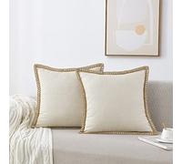 NordECO HOME Lot de 2 Housses de Coussin décoratives en Toile de Jute avec Bords découpés et Motif Rustique - 50 x 50 cm - Blanc