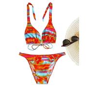 NORDESTINA - Ensemble Bikini Brésilien 2 Pièces - Maillot de Bain Femme avec Doublure et Perles - Haut Réglable sans Remplissage, Imprimé, Fabriqué au Brésil - Sofia, Orange Bleu S
