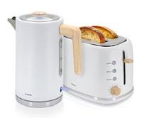 briebe Nordic Ensemble Grille Pain 2 Fentes Tranches Larges, 6 Niveaux de Dorage + Bouilloire Électrique 1,7 L sans Fil, 2200 W, sans BPA, Pack Petit Déjeuner Électroménager, Design Nordique, Blanc