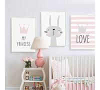Nordic Ideas Lot de 3 Affiche Lapin Citation Amour Princesse Tableaux Couronne Fille Rose Toile a3 Chambre Bebe Enfant Cadeaux Anniversaire sans Cadre NPTWC004-M