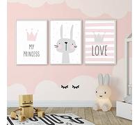 Nordic Ideas Lot de 3 Tableaux pour Chambre d'enfant Fille Rose Bebe Affiches Set Lapin My Princess Love Poster Cadeaux Anniversaire Sans Cadre NPTWC004-S