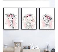 Nordic Ideas Set de 3 Affiches Bebe Garcon Animaux Girafe Elephant Lion Poster Nordique Toile Aquarelle Tableau Chambre Rose et Gris Decoration Murale Cadeaux Anniversaire NPTWC008-XL
