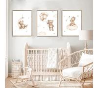 Nordic Ideas Set de 3 Tableaux Chambre de Bébé Affiches Safari Beige Poster Animaux Ours Boho Décoration Murale Impression sur Toile Garcon Cadeau sans Cadre NPTCG003-S