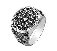 Nordic Viking Compass Vegvisir Ring, Hommes Acier Inoxydable Viking Axe Valknut Odin Symbole Anneau,Vintage Celtique Pagan Amulet Band Bijoux Scandinaves