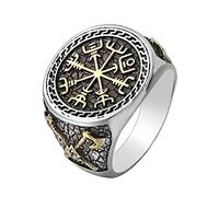 Nordic Viking Compass Vegvisir Ring, Hommes Acier Inoxydable Viking Axe Valknut Odin Symbole Anneau,Vintage Celtique Pagan Amulet Band Bijoux Scandinaves