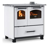 Nordica FAMILY 4,5 droite Revêtement extérieur en acier porcelainé. Porte feu panoramique avec double verre. Four émaillé de 41 litres avec porte à double vitrage. Cadre en fonte vitrifiée. napperon