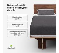 NordicAura Double cadre de lit | 140 cm x 200 cm | robuste | sans outils | bois d'eucalyptus | tablette