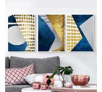 Nordique abstrait bleu or géométrique toile peinture mur Art affiches imprime photos pour salon décor à la maison 20x28in-50x70cmx3 avec cadre