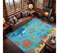 Nordique Cartoon Tapis à Faible Poil, 140 x 200 cm Lavable en Machine Tapis | Multicolore Léger Flanelle Moquette, Animaux Marins Bulle Algue Antidérapant Deco Tapis pour Chambre Enfant Salle à Manger