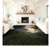 Nordique Illustration Tapis Anti Slip Washable, Vert Orange Doré Chaud Forêt Montagnes Lointaines Soleil Soft and Cosy Rug for Living Room la Chambre, 60 x 90 cm