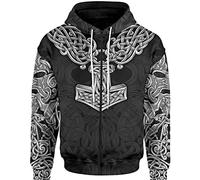 Nordique Odin Thor's Hammer Zip Sweat à capuche, Viking Vintage Celtic Knot Mjolnir Pull Sweat-shirt Unisexe Streetwear