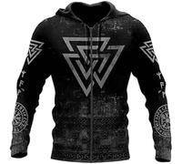Nordique Vintage Odin Tattoo Harajuku Veste, Médiéval Viking Valhalla 3D Impression Couple Punk Street Plus Taille Vêtements de Sport, Automne Païen Fenrir Vegvisir Haut Zippé(Odin B,S)