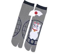 NOREN Chaussettes japonaises Tabi (JAPANORAMA) fabriquées au Japon/chaussettes imprimées sandales à bout fendu/taille unisexe pour homme et femme, Taille adulte / Chat porte-bonheur - Gris, taille